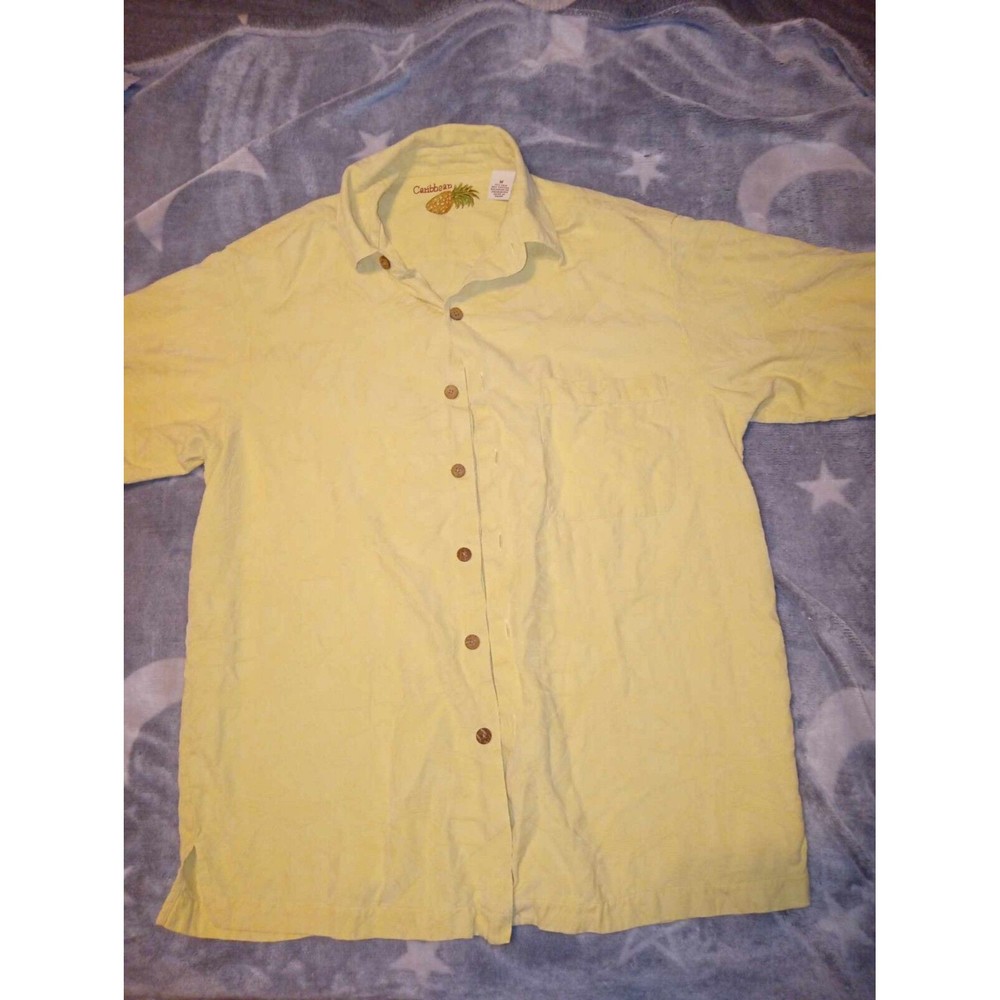 Caribbean Button Up Camp Shirt Embroidered Design M Silk Wooden Buttons